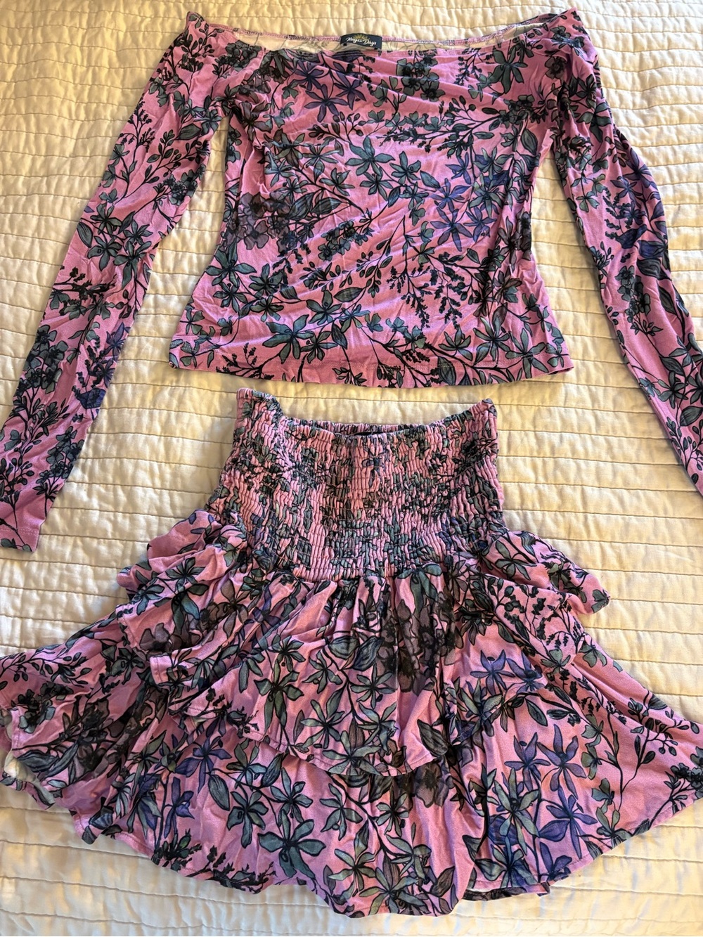 Floral Lilac Two-Piece Skirt Set - New Off-Shoulder Top & Skirt